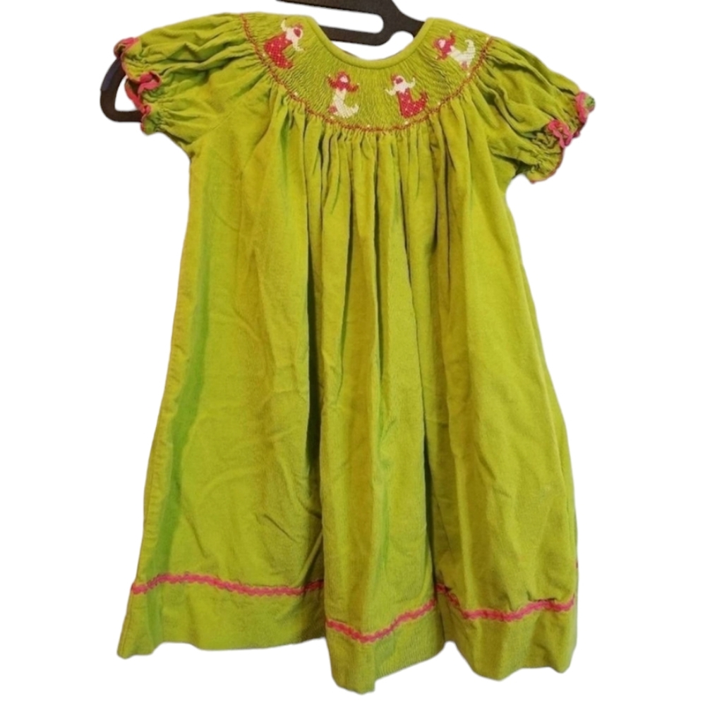 LOLLY Wolly Doodle Smocked Stocking Christmas Green Corduroy‎ girls dress 2T